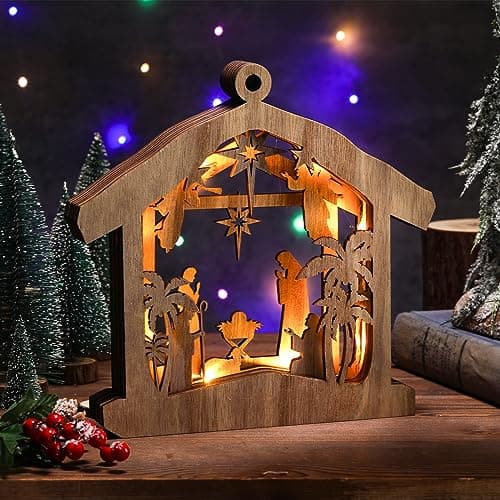 Bucherry Christmas Nativity Scene Ornament Wooden Nativity Set Christmas Ornament Religious Rustic Christmas Nativity Ornaments Scene Decorations with LED Light for Shelves Tables Decorations (Hut)