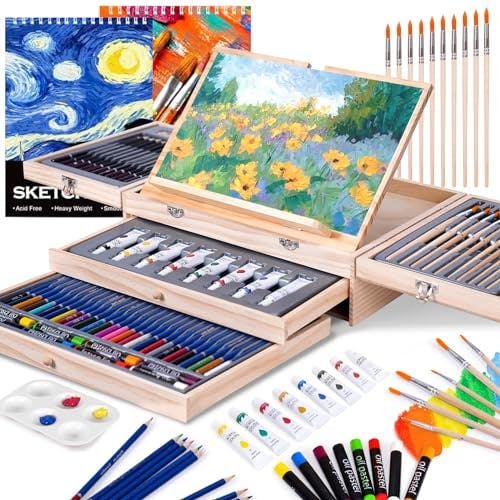 Art Set 85 Piece with Built-in Wooden Easel, 2 Drawing Pad, Art Supplies in Portable Wooden Case-Painting & Drawing Set Professional Art Kit