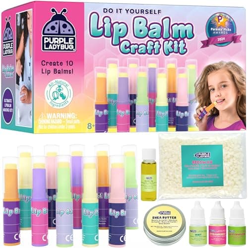 PURPLE LADYBUG Kids Lip Balm Making Kit with Natural Ingredients - Birthday Gifts for 10 Year Old Girls, 8 9 10 Year Old Girl Christmas Gifts for Kids - Cool 8 Year Old Girl Gifts, & Fun STEM Activity