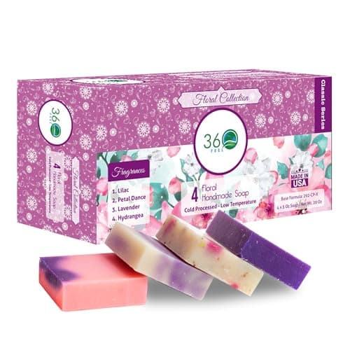 360Feel Floral 4 large Soap bar - Flower scents Lavender, Lilac, Hydrangea - Anniversary Wedding Gift Set - Handmade Natural Organic with Essential Oil, Pink, 5 Ounce (Pack of 4)