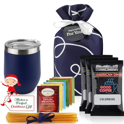 Tea & Coffee Gift Basket - Coffee and Tea Gift Sets For Tea Lovers Women & Men Presented in Beautiful Gift Bag includes 12oz Insulated Coffee Mug, 3 Fresh Roasted Coffees, 6 Special Blend Teas & Honey