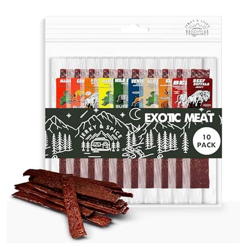 Buffalo Bob's Exotic Jerky (10-Pack), 10 Flavor Variety Pack of Exotic Snacks, Wild Game Jerky Snack Packs for Fathers, Food Gifts Healthy Beef Sticks, Beef Jerky Gifts for Men, Food Gifts For Men