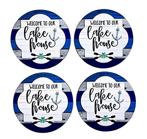 Welcome to our Lake House Nautical Anchor Theme Blue & White Neoprene Drink Coasters (Set of 4) - Handmade by The Painted Pug
