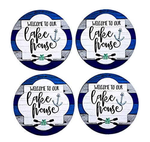 Welcome to our Lake House Nautical Anchor Theme Blue & White Neoprene Drink Coasters (Set of 4) - Handmade by The Painted Pug