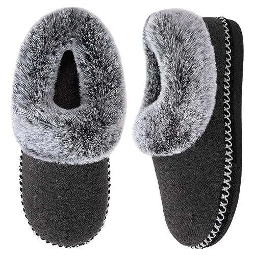 EverFoams Women's Luxury Wool Memory Foam Slippers with Fluffy Faux Fur Collar and Indoor Outdoor Sole Grey,8 US