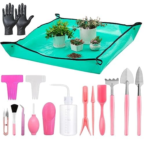 Melphoe 25Pcs Mini Garden Hand Transplanting Succulent Tools Set, 39.4" Thickened Repotting Mat & Plant Tag, Miniature Planting Indoor Fairy Care, Potting, Cactus, Houseplant Bonsai Tool Kit (Pink)