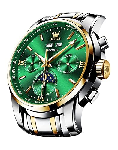 OLEVS Automatic Men Watch Self Winding Mechanical Luxury Dress Moon Phase Stainless Steel Green Face Waterproof Luminous Calendar Wrist Watch