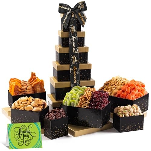 NUT CRAVINGS Gourmet Collection - Thank You Tower Gift Basket, Gourmet Nuts & Dried Fruits with TY Ribbon + Greeting Card (12 Assortments) Food Platter Appreciation Care Package