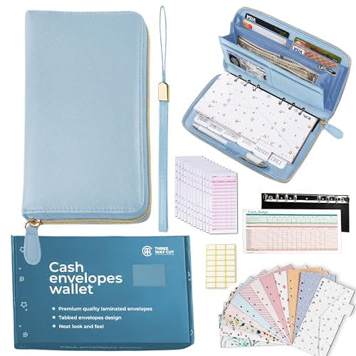 Cash Envelope Wallet Azure All in One Budget System with 12x Tabbed Cash Envelopes, 12x Monthly Budget Cards,1x Yearly budget planner sheet Complete Money Organizer Set for Cash