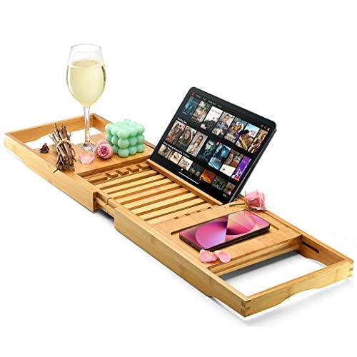 Luxury Foldable Bathtub Tray Caddy - Waterproof Wooden Bath Organizer for Wine, Book, Soap, Phone - Expandable Size Fits Most Tubs