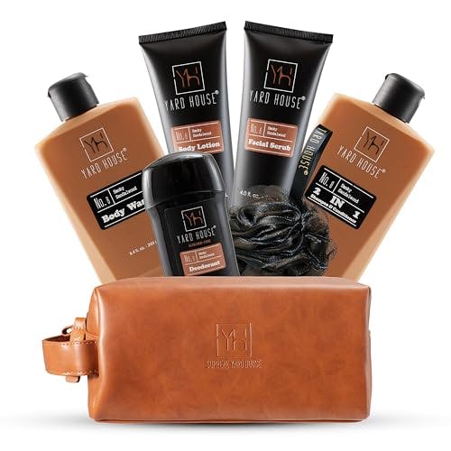 YARD HOUSE Luxury Mens Bath and Body Gift Set Basket For Him - Smoky Sandalwood - All Natural Skin Care Kit For Men w. Full Size Body Wash, Facial Scrub, Body Lotion, Deodorant in Leather Toiletry Bag