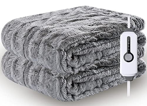 Electric Heated Throw Blanket Luxurious Faux Fur 50 x 60 inches, 4 Heating Levels & 3 Hours Auto Off Heated Blanket for Safety, Home Office Use, Machine Washable, Light Grey