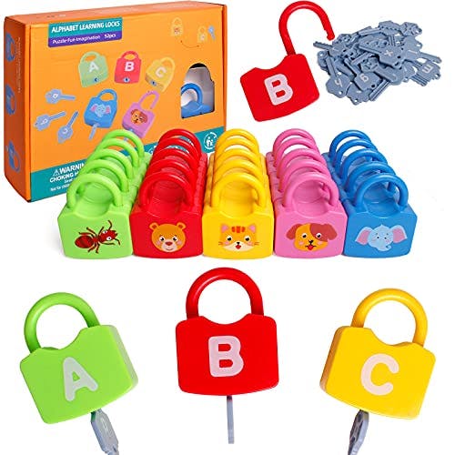 Dinhon Color Alphabet Learning Lock Toys Educational Letter Combination-with 26 Locks, 26 Keys Montessori Preschool Alphabet Learning Game for Ages 3 yrs+