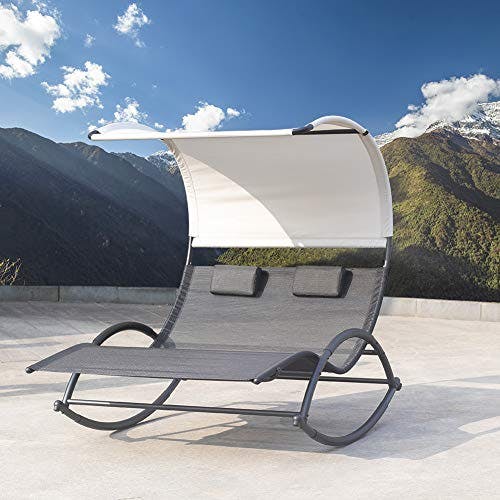 Crestlive Products Outdoor Double Chaise Lounge Chair Swing Rocking Portable Hammock Bed Loveseat with Sun Shade & Wheels for Patio, Yard, Pool (Black)