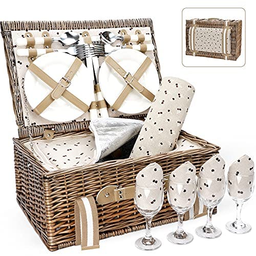 Willow Picnic Basket Set for 4 Persons with Large Insulated Cooler Bag and Waterproof Picnic Blanket,Wicker Picnic Hamper for Camping,Outdoor,Valentine Day,Chirtmas,Thanks Giving,Birthday.