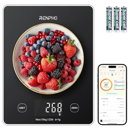 RENPHO Digital Kitchen Scale, Smart Food Weight Scale with Nutritional Calculator, Gram Scale for Weight Loss Cooking Baking Keto Macro Diet, Black Glass, 22lb/10kg