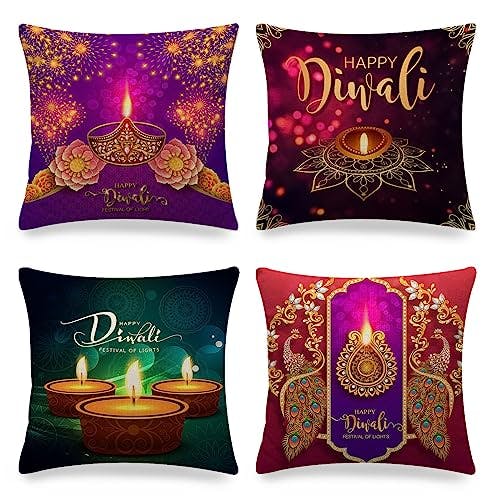 Diwali Throw Pillow Cover 18x18 Set of 4 Deepavali Festival of Lights Party Supplies Indian Themed Party Decorations Pillowcases Cushion for Couch