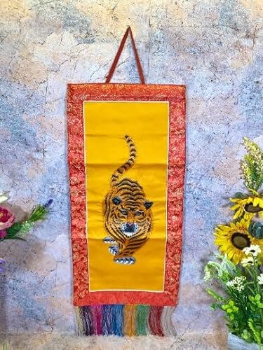 Tibetan Tiger Banner, Embroidered Wall Hanging, Traditional Brocade Silk & Polyester Decor, Spiritual Art Piece, 30x68cm