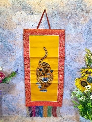 Tibetan Tiger Banner, Embroidered Wall Hanging, Traditional Brocade Silk & Polyester Decor, Spiritual Art Piece, 30x68cm