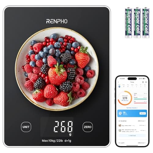 RENPHO Digital Kitchen Scale, Smart Food Weight Scale with Nutritional Calculator, Gram Scale for Weight Loss Cooking Baking Keto Macro Diet, Black Glass, 22lb/10kg