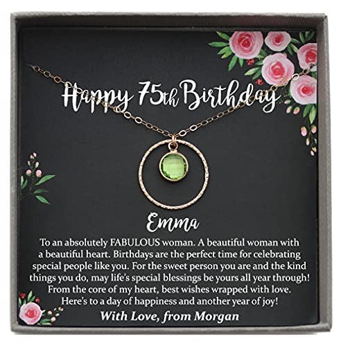 Personalized 75th Birthday Gifts for Women, Custom Birthstone Necklace with Meaningful Message