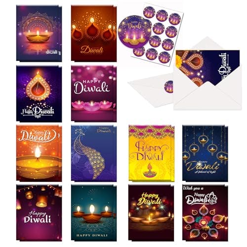 ANYMONYPF Diwali Greeting Cards Holiday Party Supplies 24 Pack Happy Diwali Cards Diwali Celebration Card With Envelopes for Diwali Party Supplies Diwali Party Favors