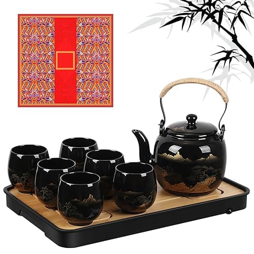 Hushee Japanese Tea Set in Gift Box Asian Porcelain Tea Set with 1 Teapot, 6 Cups, 1 Tray, 1 Stainless Infuser, Black Ceramic Chinese Teapot Gift for Adult Lover