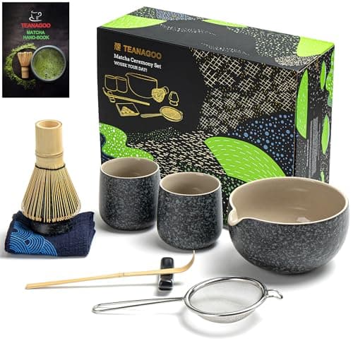 TEANAGOO Matcha Set Matcha Whisk Matcha Bowl with Pouring Spout Scoop Matcha Whisk Holder Tea Making Kit. 1 Japanese Tea Set (7pcs) + 2Cups(7.2oz),S1,Charcoal Grey,Color Box Packing