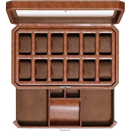 ROTHWELL 12 Slot Leather Watch Box with Valet Drawer - 12 Slot Luxury Watch Case Display Organizer, Microsuede Liner, Mens Accessories Holder, Jewelry Case, Jewelry Display Organizer (Tan/Brown)