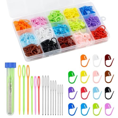 FIVEIZERO 220/900 Pieces Stitch Markers,with 15 Pcs Large Eye Blunt Sewing Needles,Colorful Crochet Stitch Markers for Knitting Stitch Locking Clips Crochet Pins with Storage Box