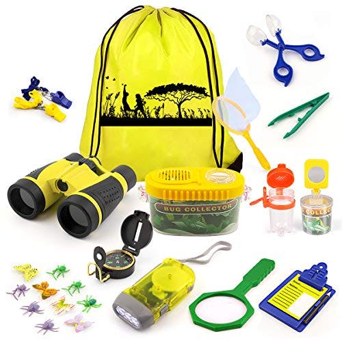 kaqinu Kids Explorer Kit, 24 PCS Outdoor Adventure Camping Kit & Bug Catcher Kit with Drawstring Bag, Binoculars, Compass, Butterfly Net, Educational Nature Exploration Toys Gift for Boys & Girls
