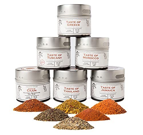 Gourmet World Flavors Seasoning Collection | Non GMO Verified | 6 Magnetic Tins | Spice Blends | Crafted in Small Batches by Gustus Vitae | #68