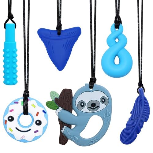 Sensory Chew Necklace for Kids Boys Girls, 6 Pack Silicone Chew Toys for Kids with ADHD Autism, Anxiety, Chewy Necklace Sensory Reduce Adults Children Chewing Fidgeting
