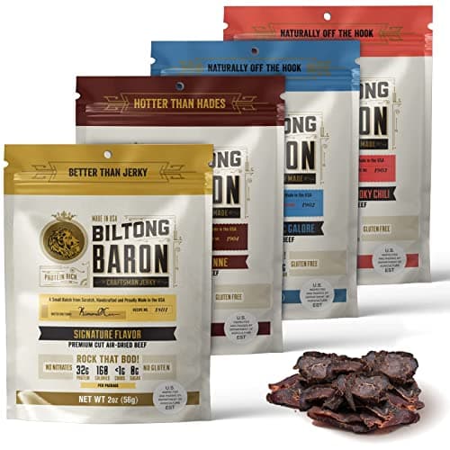 Biltong Baron Variety Pack (4-Pack) South African Biltong Beef Jerky- Traditional Signature Biltong, Garlic Biltong, Spicy Biltong & Smoked Biltong- High Protein, Zero Sugar, Zero Carbs, Paleo & Keto Friendly Jerky Snack