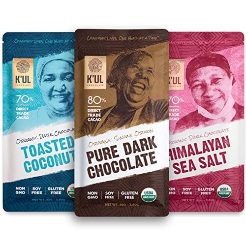 K'UL Dark Chocolate bars with 70+80% Cacao-Himalayan Sea Salt + Toasted Coconut + Pure Dark Chocolate, 8.4 Oz, Pack Of 3