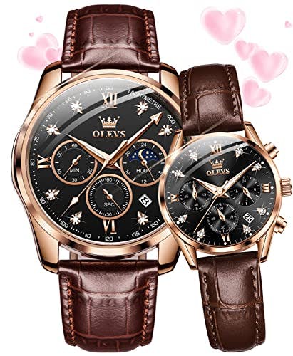 OLEVS Valentines Couple Pair Quartz Watches His and Her Couple Set Leather Chronograph Diamond Black Wrist Watch Men Women Lovers Wedding Romantic Gifts Set of 2