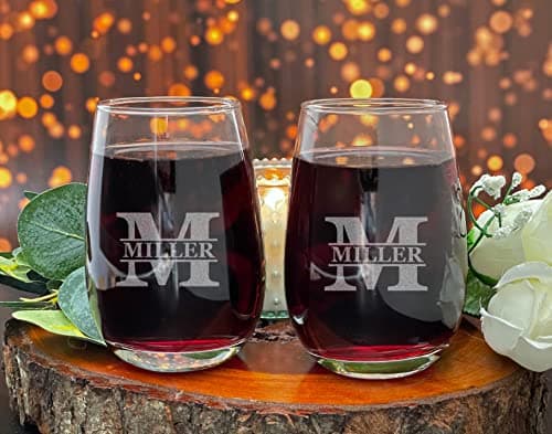 Set of 2 Customizable Monogram 15 oz Etched Stemless Wine Glass Engraved Personalized with Initial and Name