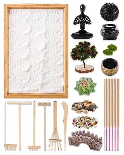 Zen Garden Kit - Mini Japanese Sand Garden for Desktop with Bamboo Tray - Includes Rakes, Yoga Statue, Bridge, Sand Ball, Stones, Crystals, and More