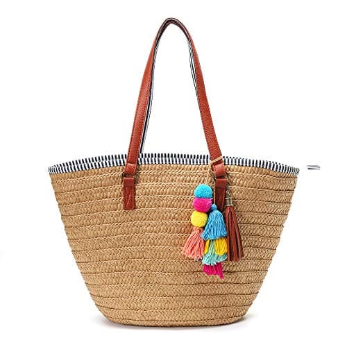 Solyinne Straw Beach Bag Large Woven Straw Bag Handbag Women's Woven Tote Bag Summer Beach Tote with Tassel for Travel