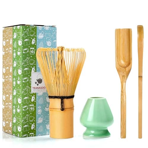 TEANAGOO Japanese Matcha Ceremony Accessory, Matcha Whisk (Chasen), Bamboo Scoop (Chashaku), Tea Spoon, Green Celadon Whisk Holder,TG-I1, The Perfect Set to Prepare a Traditional Cup of Matcha.