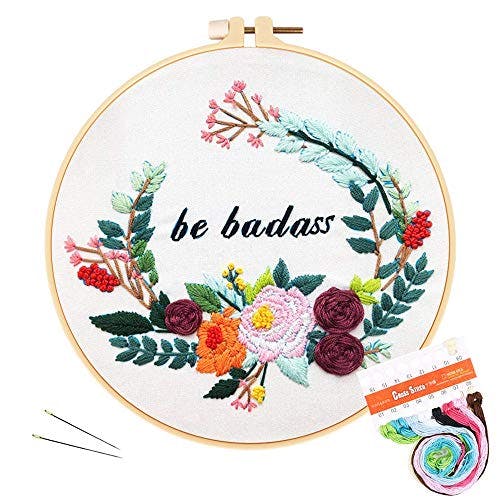 Louise Maelys Funny Embroidery Kit for Beginners Flower Wreath Cross Stitch Adults Needlepoint Kit DIY Embroidery Starter Kit