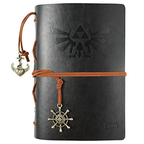 Vintage PU Leather Refillable Notebook for Diary, Embossed Travel Journal Diary with Blank Pages,card holder and Retro Pendants-Legend of Zelda(Black)