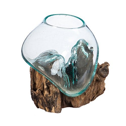 Cape Craftsmen Hand-Blown Blue Tinted Bubble Glass On Natural Teak Driftwood Terrarium | Home Décor Indoor Planter with Stand | Pot for Succulent and Plants | Small 7-Inches Tall