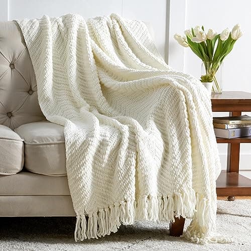 Bedsure Cream Throw Blankets for Couch - Textured Chunky Knit Woven Chenille Blanket - Super Soft, Warm Decorative Boho Throw with Tassels for Bed, Sofa and Living Room Decor, Ivory, 50x60 Inches
