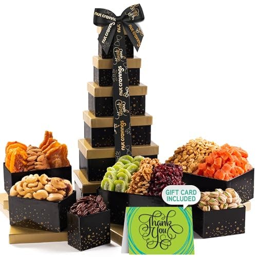 NUT CRAVINGS Gourmet Collection - Thank You Tower Gift Basket, Gourmet Nuts & Dried Fruits with TY Ribbon + Greeting Card (12 Assortments) Food Platter Appreciation Care Package