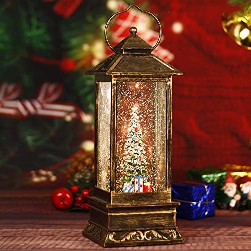 Snow Globe Christmas Lantern Decorations, Musical Snow Globe Lantern with Swirling Glitter, Christmas Tree Lighted Christmas Decorations Indoor for Home
