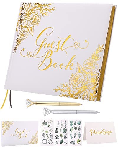 Wedding Guest Book - Guest Book Wedding Reception with Pens - 9x7'' Personalized Wedding Guestbook Photo Album Sign in Book - Gold Foil Hardcover & Gilded Edges, for Weddings, Baby Shower, Party