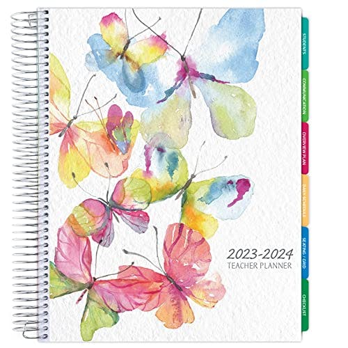 Global Printed Products, Aug 2023-Jul 2024 Deluxe Teacher Lesson Planner Notebook 8.5x11 Daily Weekly Monthly Organizers with 7 Periods, Pocket Folder, Dated Calendar Page Tabs Watercolor Butterflies