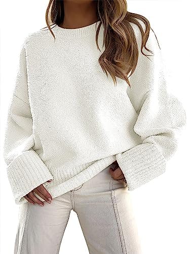 ANRABESS Women's Oversized Crewneck Long Sleeve Fuzzy Knit Casual Chunky Warm 2024 Fall Pullover Sweaters Top Trendy Outfits White X-Small