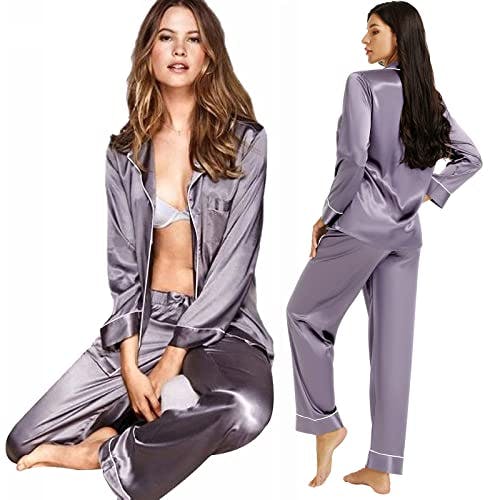 Lonxu Womens Silk Satin Pajamas Set Gray XL